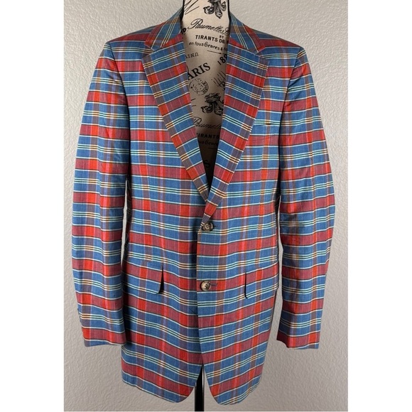 Lands End Charter Collection Vintage 90s Men's Madras Plaid Blazer Jacket Medium - Picture 1 of 8